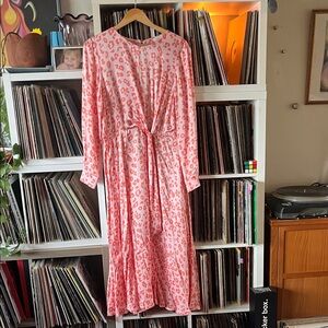 Ghost London Long Sleeve Pink Tie-Waist Midi Dress size is L but runs small